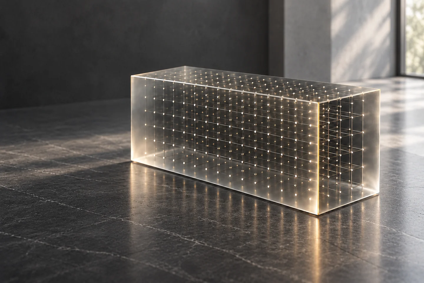 Scène architecturale abstraite de verre, de lumière et de pierre noire
