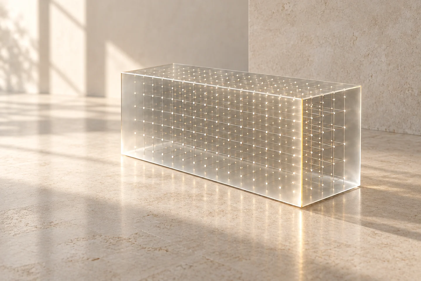 Scène architecturale abstraite de verre, de lumière et de pierre noire