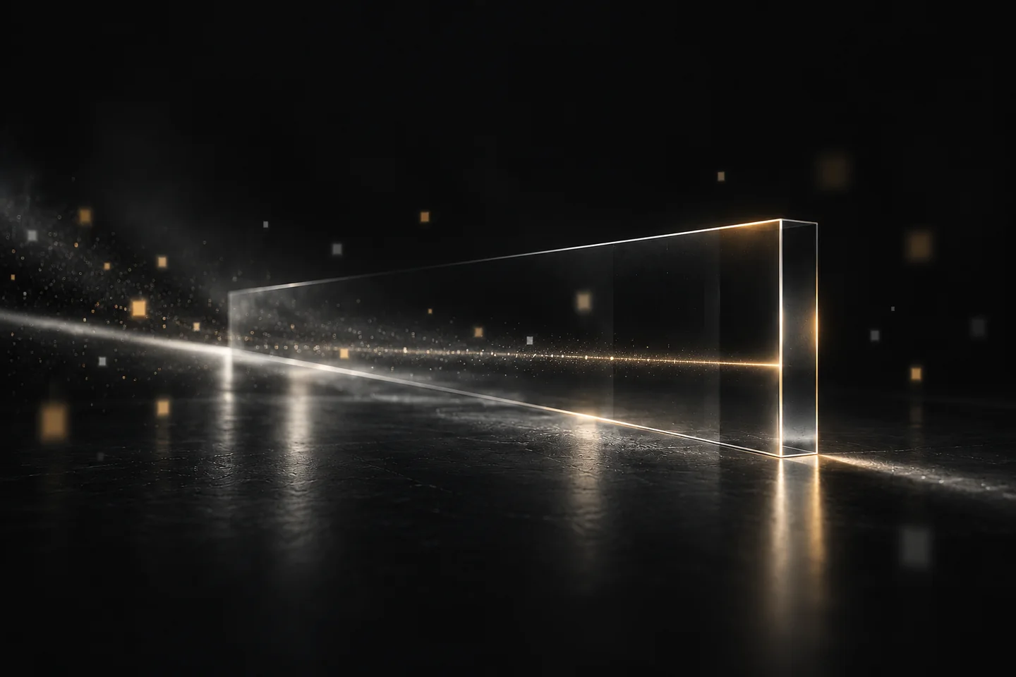 Scène architecturale abstraite de verre, de lumière et de pierre noire